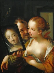 Pareja riendo con un espejo, 1596